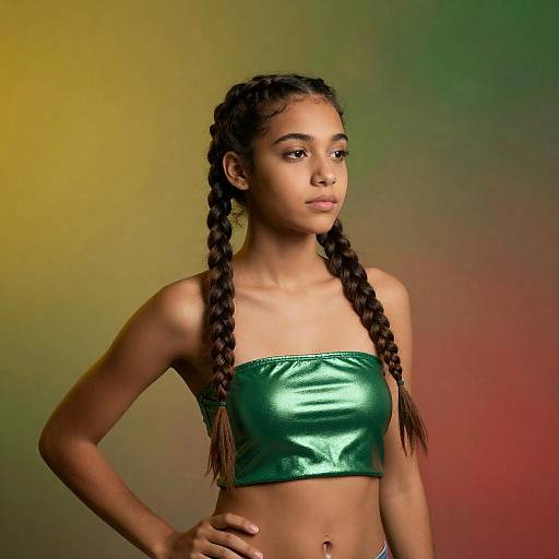 Young Woman in Green Shiny Tube Top