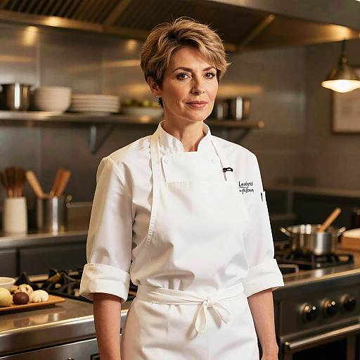 Photograph of a short-haired, light-skinned female chef in a white uniform standing in a modern, stainless steel kitchen with cooking utensils and pots