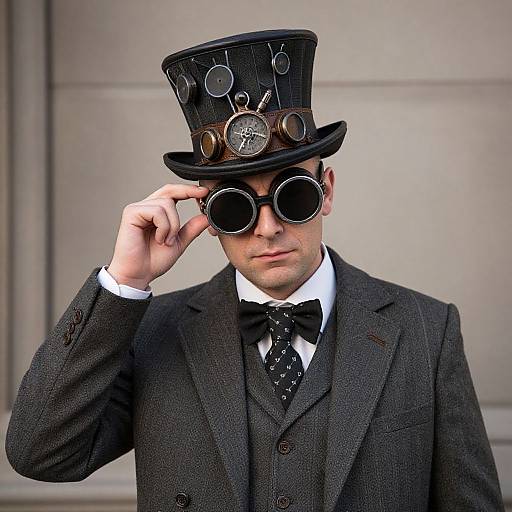 Photograph of a man in a Victorian-style black suit, bow tie, and top hat adorned with clock gears, adjusting round sunglasses.
