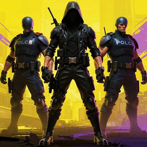 Digital artwork of three police officers in black tactical gear with helmets, one with hood, standing in a neon yellow urban background. Central figure's hood obsc