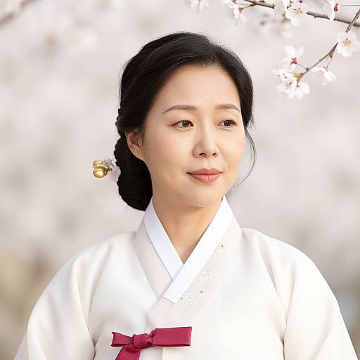 Photograph of an Asian woman with fair skin, black hair in a bun, wearing a white traditional Korean hanbok with a red ribbon, standing