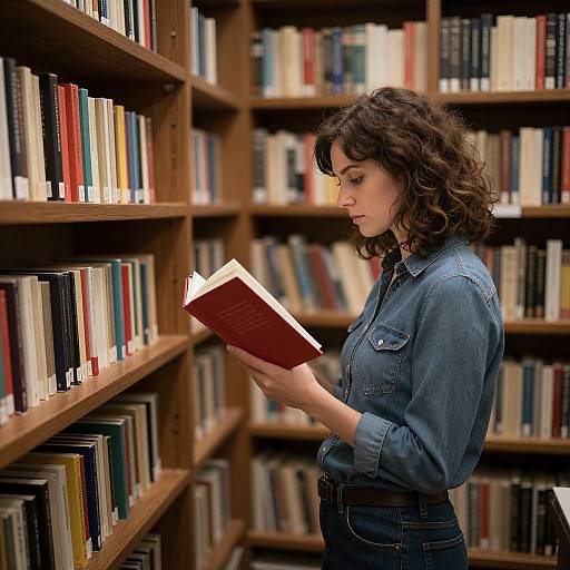 Photograph of a curly-haired woman in denim shirt, reading a red book in a wooden-shelved library with colorful books.