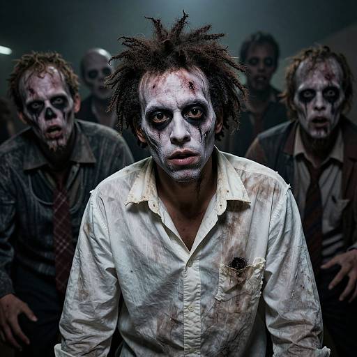 Photograph of a distressed, white-shirted zombie with wild hair, blackened face, and bloodstained clothes, surrounded by similarly disheveled