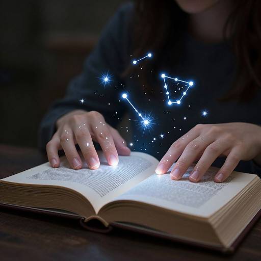 Photograph of hands on an open book, illuminated by glowing white stars and constellation lines, set against a dark background.
