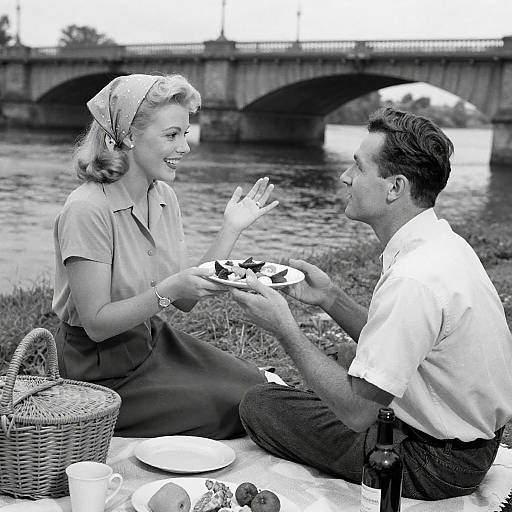 1950s Couple Having Picnic by River with Bridge