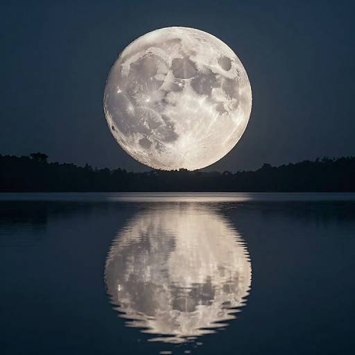 Photograph of a full, luminous moon reflected in a calm, dark blue lake, with a silhouetted tree line in the background.