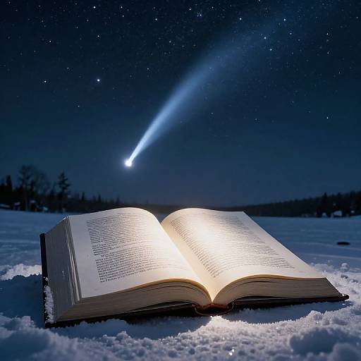 Photograph of an open book glowing under a shooting star in a snowy night sky, with a starry background.