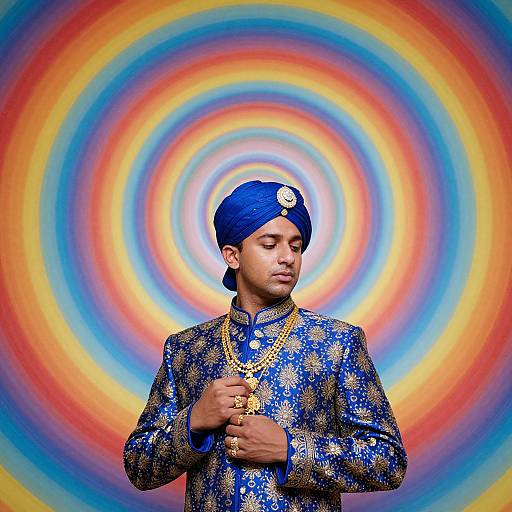 Photograph of a young Asian man in a blue, gold-embroidered traditional outfit and blue turban, standing against a vibrant, concentric