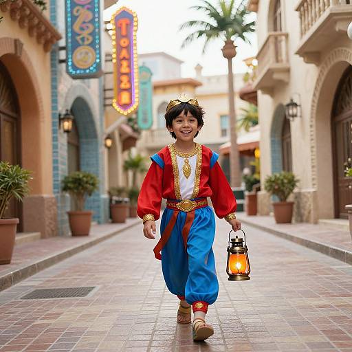 Photograph of a smiling Asian boy in traditional Middle Eastern attire, holding a lantern, walking down a tiled, palm-tree-lined street with colorful shop signs