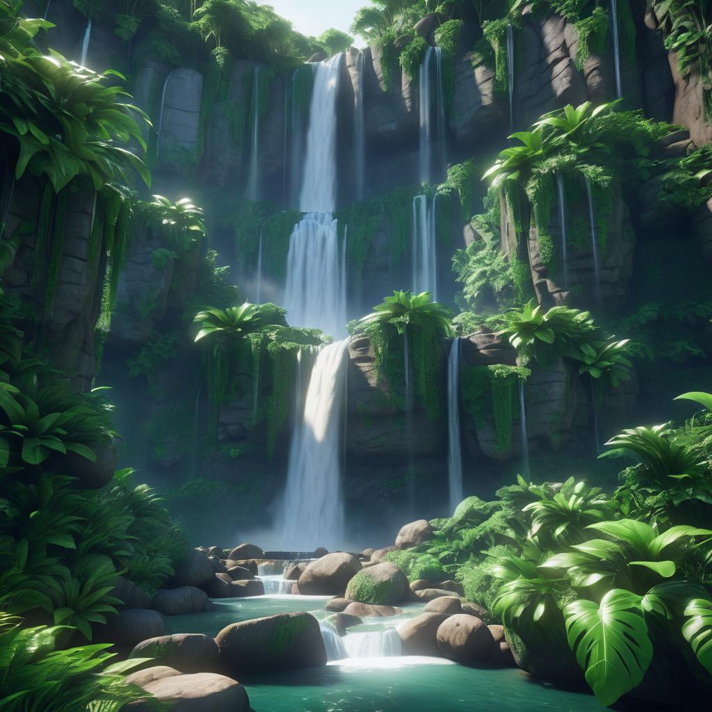 Majestic Waterfall in Lush Greenery