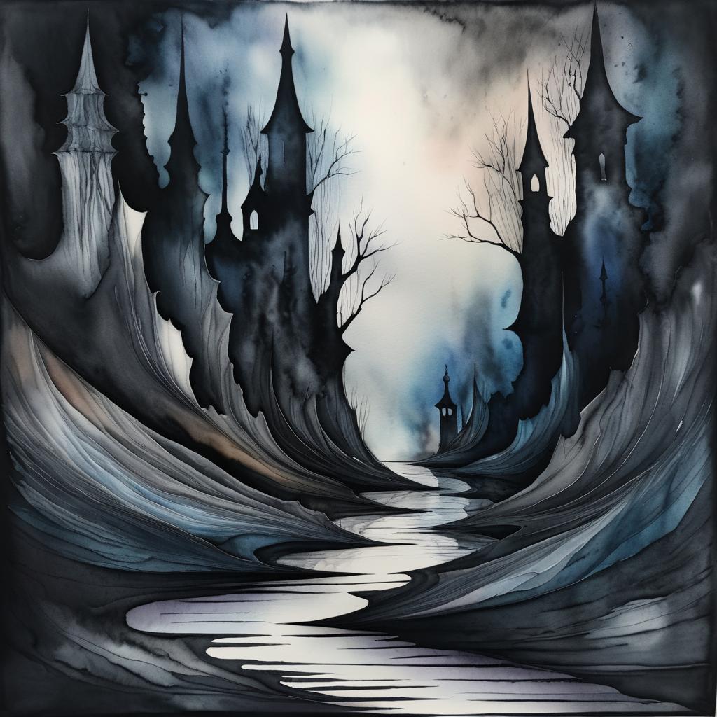 Surreal Dark Watercolor with Charcoal Lines