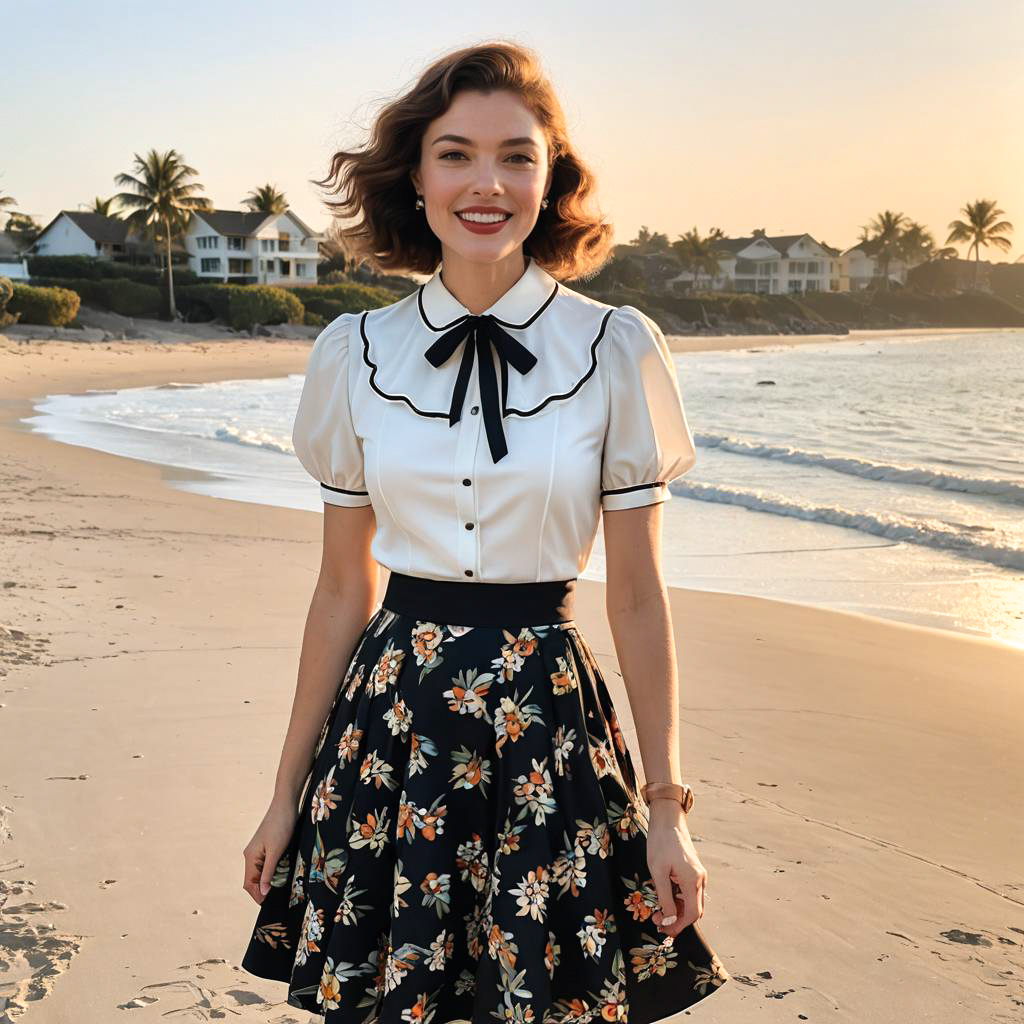 Vintage-Inspired Ecstatic Woman at Sunset Beach