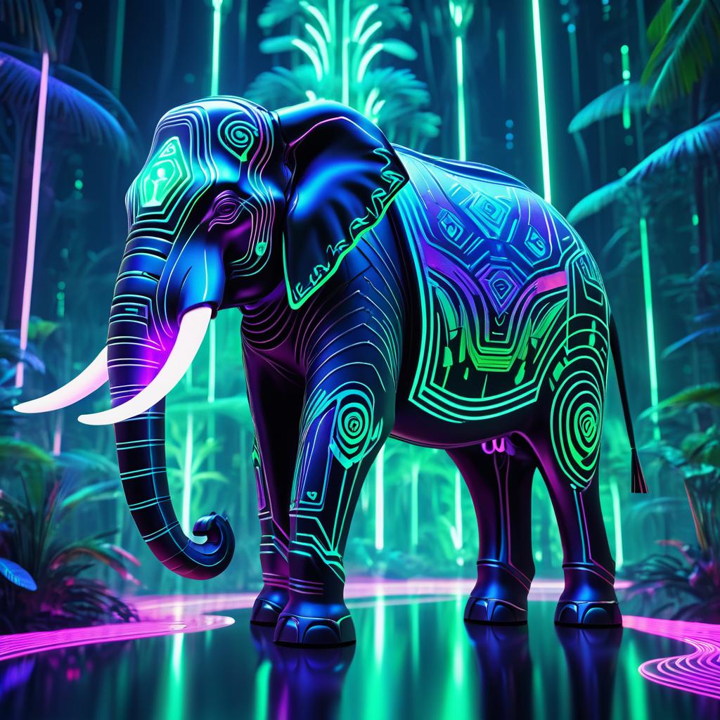 Futuristic Cybernetic Elephant in Neon Jungle