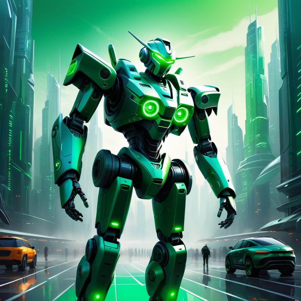 Futuristic Robot in a Green Cityscape