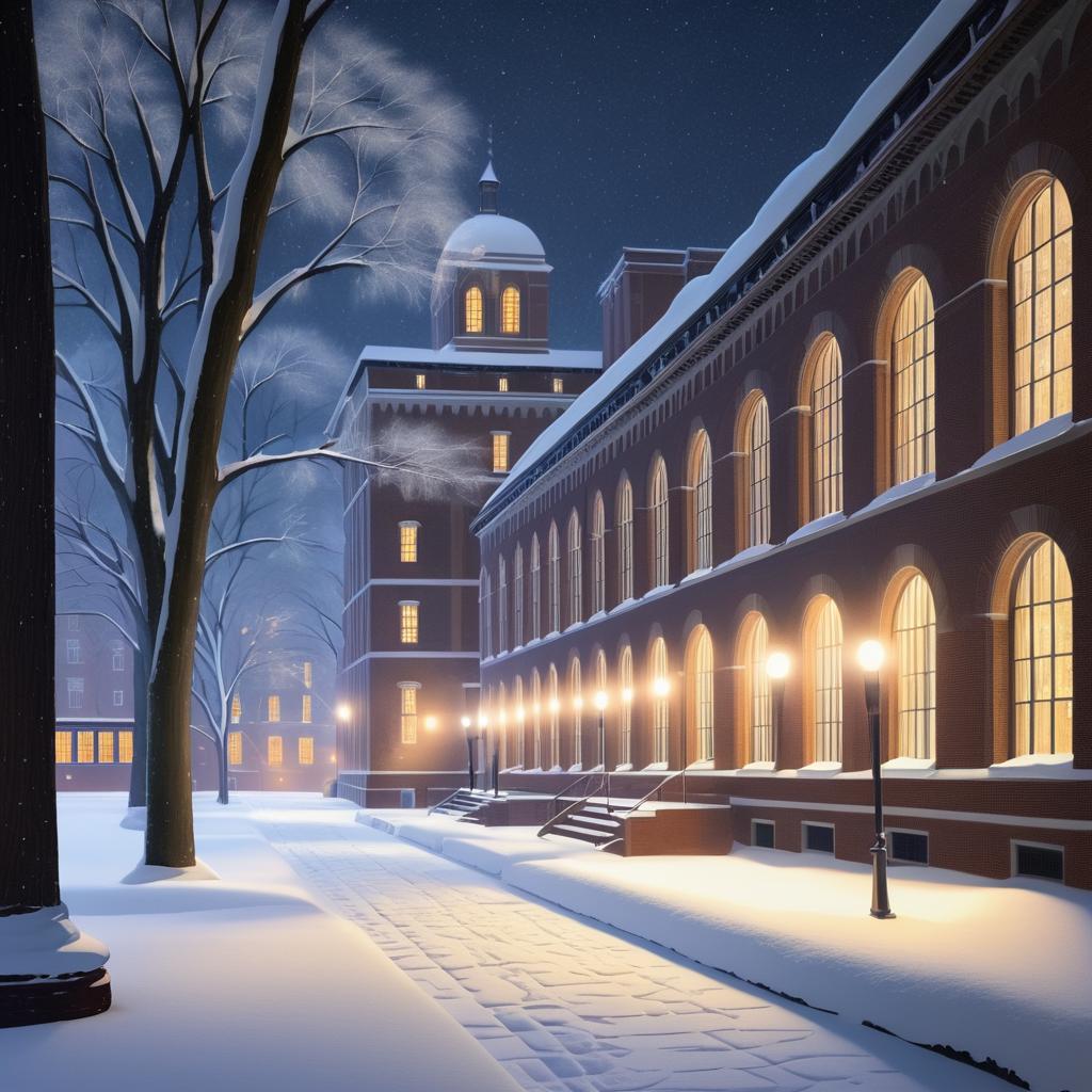 Serene Snowfall Over Historic University Campus