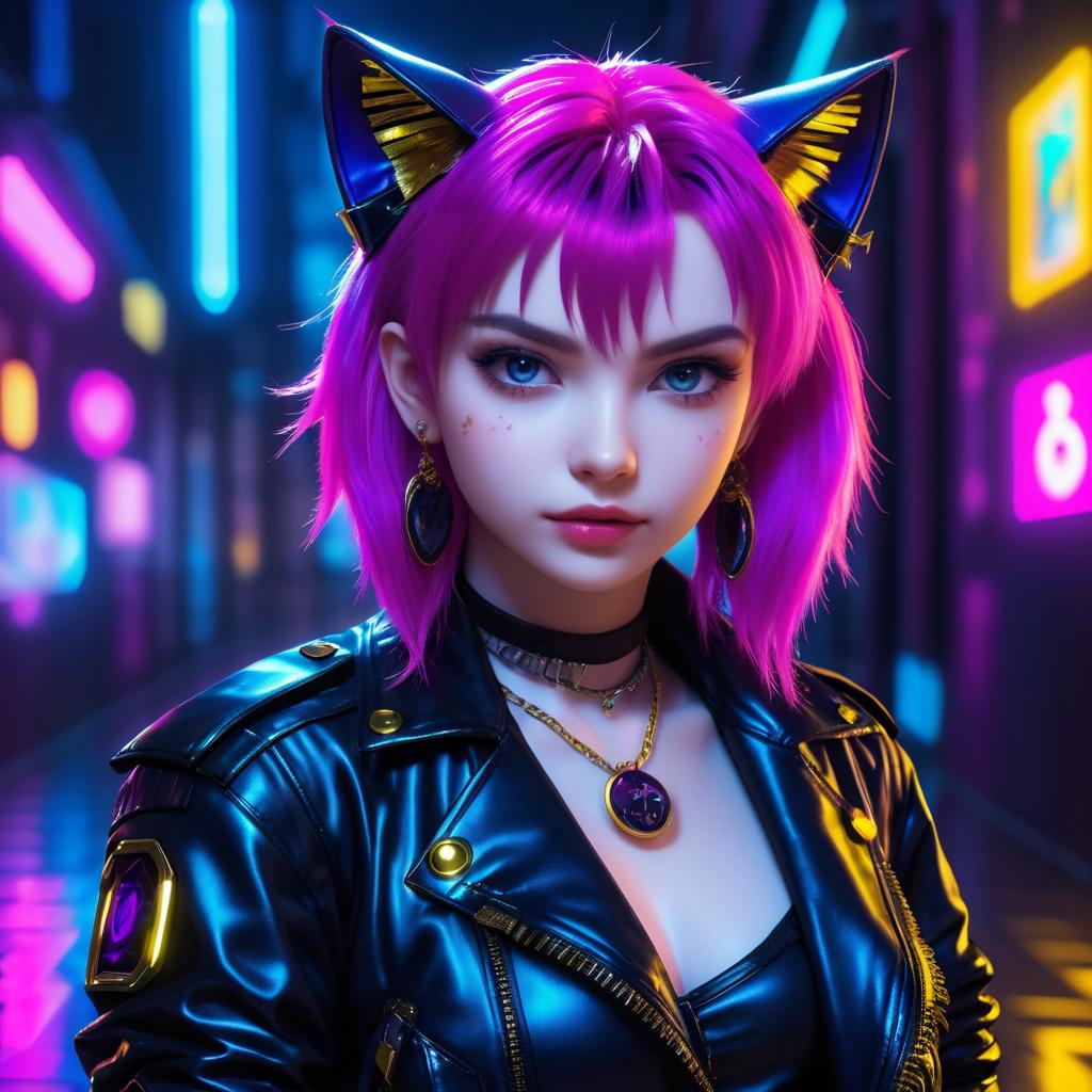 Cyberpunk Cat Girl with Magenta Hair