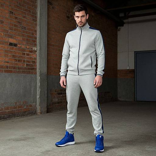 Photograph of a bearded man with dark hair, wearing a light gray tracksuit and blue sneakers, standing in a dimly lit, brick-w
