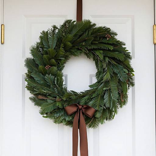 Photograph of a lush green Christmas wreath with pinecones, small red berries, and a dark brown ribbon bow, hanging on a white door