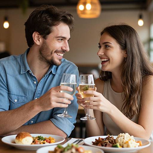 Photograph of a smiling young couple, both with light skin and dark hair, clinking champagne glasses at a restaurant table with plates of food. Warm