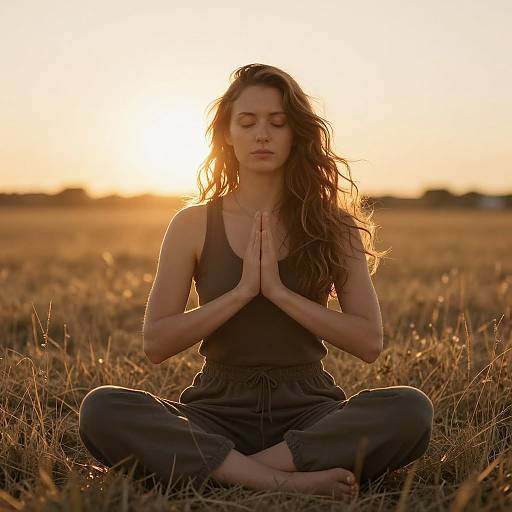 Photograph of a serene, long-haired woman in a black tank top and pants, meditating in a sunlit, golden wheat field.