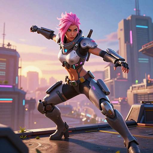 Digital CGI of a pink-haired, cyberpunk warrior in futuristic armor, crouching in a neon-lit cityscape at sunset, ready to strike