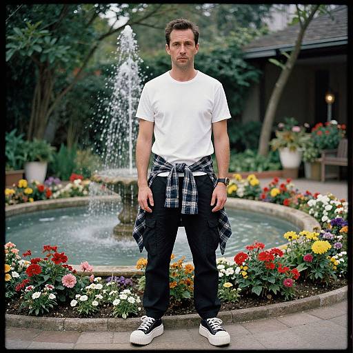 Photograph of a man with short brown hair, wearing a white t-shirt, black pants, plaid shirt tied around waist, white sneakers, standing