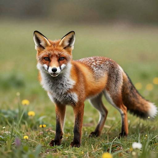 Photograph of a red fox with vibrant orange fur, white chest, and black legs standing in a grassy field with yellow wildflowers.