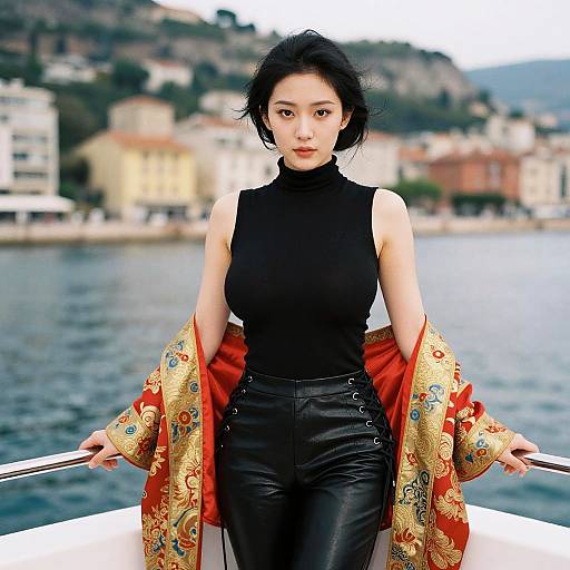 Photograph of an East Asian woman with short black hair, wearing a black sleeveless turtleneck and black leather pants, draped in a red and