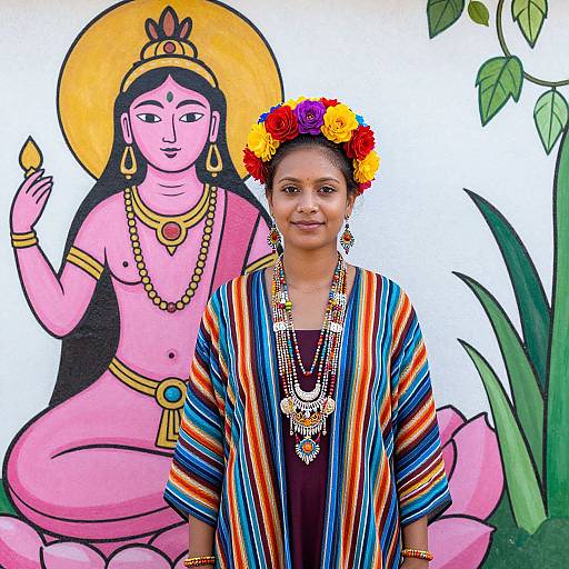 Photograph of a woman with dark skin, wearing a colorful striped blouse and flower crown, standing in front of a vibrant mural of Goddess Durga.