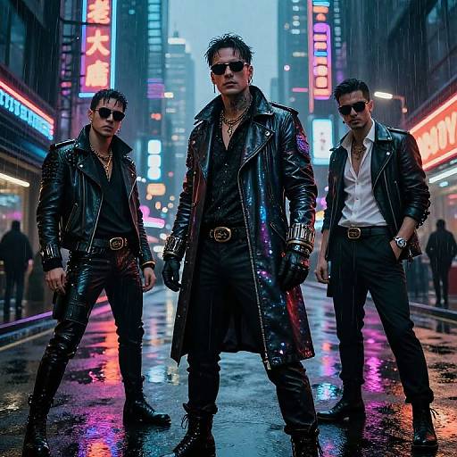 Photograph of three muscular men in black leather jackets and sunglasses standing in a neon-lit, rainy urban street at night.
