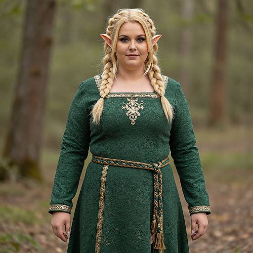Photograph of a blonde, fair-skinned, elven woman with pointed ears, wearing a green, long-sleeved dress with gold embroidery,