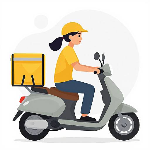 Digital illustration of a side-profile female delivery rider in a yellow shirt, cap, and blue pants, riding a gray scooter with a yellow box on the