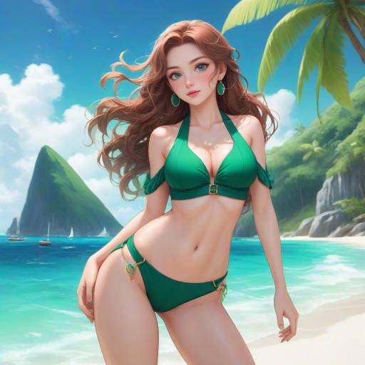 Blushing Girl in Slingshot Swimsuit on Tropical Island