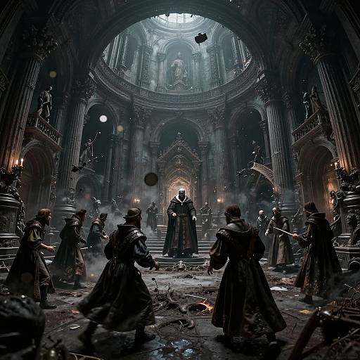 Digital art of a dark, smoky, gothic cathedral battle scene; cloaked figures wielding swords face off amidst debris and dim light.