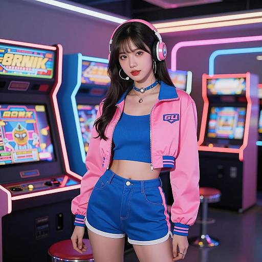 Stylish Woman in Retro Arcade Costume