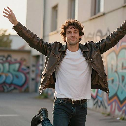 Photograph of a curly-haired, smiling man with arms outstretched, wearing a brown leather jacket, white t-shirt, and jeans, standing in