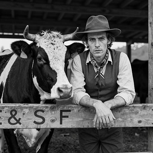 Intense Man and Cow by Wooden Fence