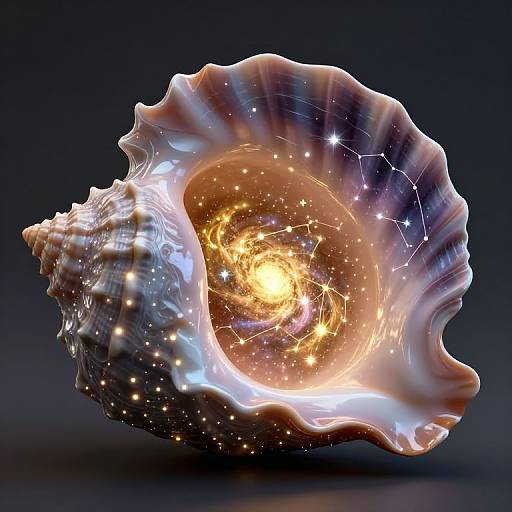 Digital artwork of a glowing, spiral shell with a cosmic, star-filled core against a dark background, blending sea and space elements.
