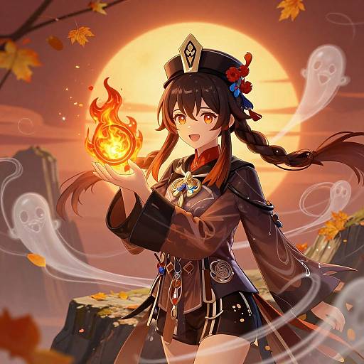 Digital anime-style drawing of a black-haired girl in a dark outfit, holding a fiery orb, against a sunset sky with autumn leaves and ghostly spirits