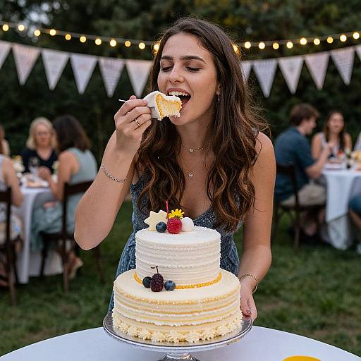 Photograph of a smiling young woman with long brown hair, wearing a blue dress, eating a slice of two-layer white cake with fruit decorations, outdoors