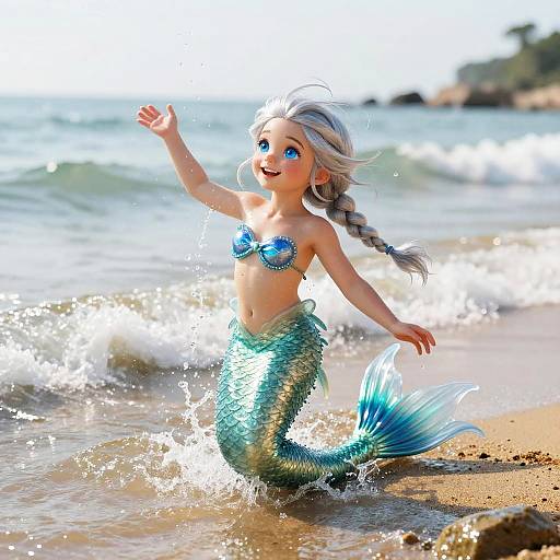 Digital CGI of a cute, blonde, blue-eyed mermaid girl with braided hair, shimmering green and blue tail, playing joyfully in shallow