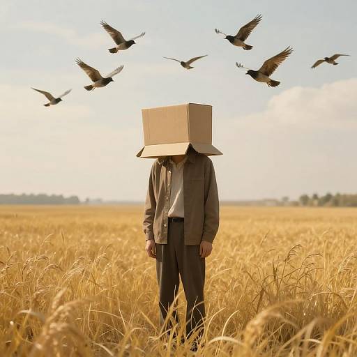 Photograph of a person in a cardboard box head, brown jacket, black pants, standing in a golden wheat field with six flying birds above.