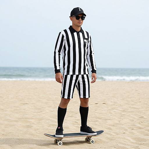 Photograph of a man in black and white striped referee outfit, black cap, and sunglasses, skateboarding on a sandy beach.