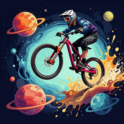 Vibrant digital artwork of a mountain biker in space, red bike, helmet, and jersey, leaping over planets with colorful rings and cosmic