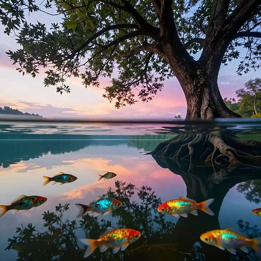 Photograph of a serene lake at sunset, with colorful fish swimming near a large, reflective tree trunk and vibrant sky reflections.