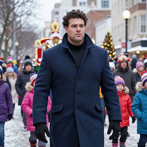 Photograph of a curly-haired, serious-looking man in a dark blue coat standing in a snowy, festive street, surrounded by children and Christmas decorations.