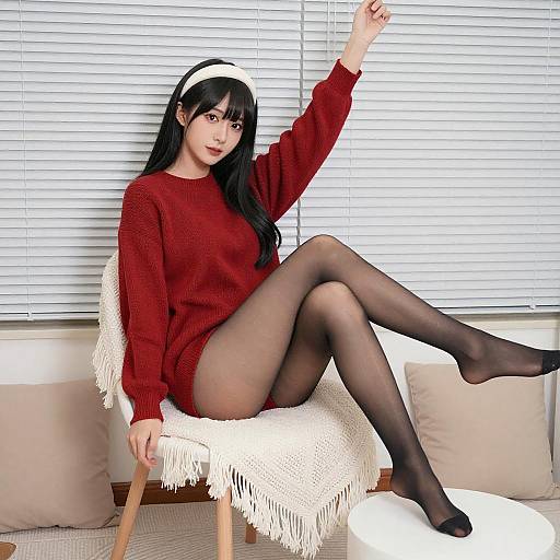 Asian Woman in Red Sweater Pose