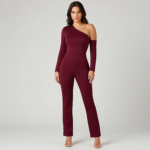 Photograph of a dark-haired woman in a maroon, off-shoulder, long-sleeve jumpsuit with cropped pants, standing against a