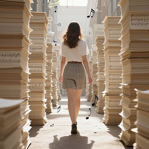 Photograph of a woman with wavy brown hair, white blouse, and plaid skirt, walking between towering stacks of music sheets, with musical notes