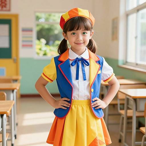 Photograph of a young girl with light skin, brown hair in pigtails, wearing a colorful costume with blue, yellow, and orange, standing